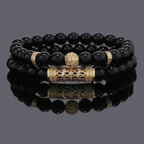 Sleek Black Gemstone Bracelet with Dazzling CZ Charms