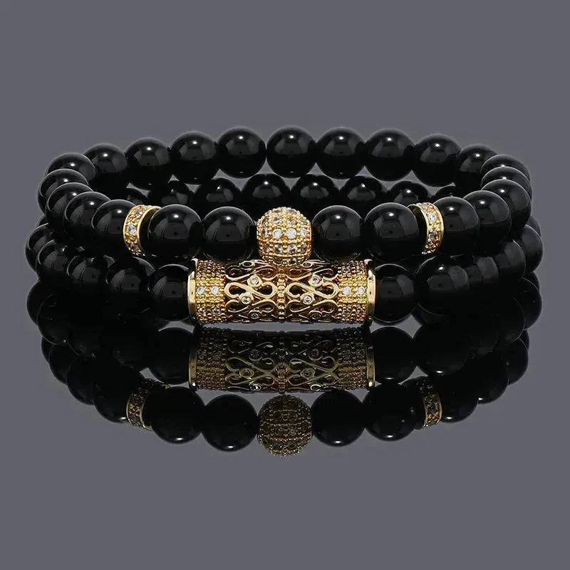 Sleek Black Gemstone Bracelet with Dazzling CZ Charms