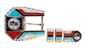 Sleeping Beauty Turquoise, Coral, Jett, & Mother of Pearl Ranger Buckle Set | Don Dewa