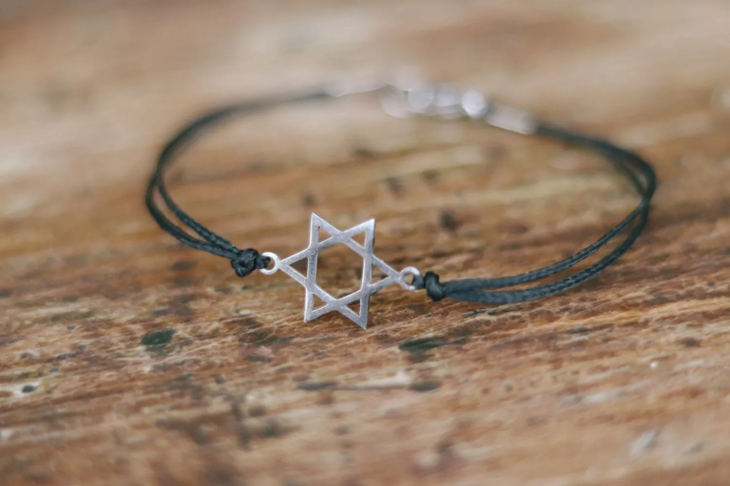 Star of David bracelet, waterproof bracelet, stainless steel silver David shield charm, jewish jewelry, black cord gift for her, custom size