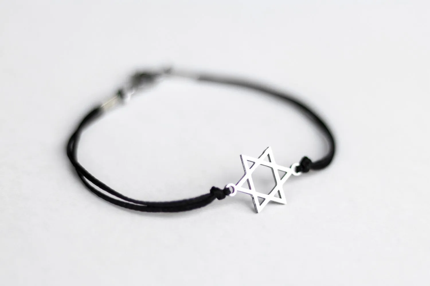 Star of David bracelet, waterproof bracelet, stainless steel silver David shield charm, jewish jewelry, black cord gift for her, custom size
