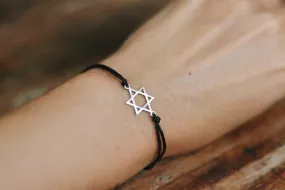 Star of David bracelet, waterproof bracelet, stainless steel silver David shield charm, jewish jewelry, black cord gift for her, custom size