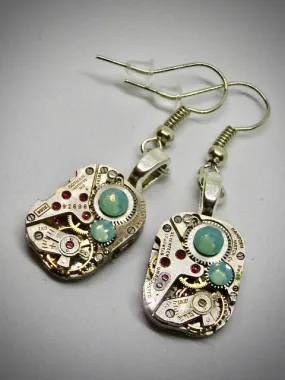 Steampunk watch earrings - Almost Time  - Steampunk Earrings - Teal Opal Swarovski Crystals - Repurposed art