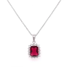 Sterling Silver Emerald Cut Ruby CZ & CZ Halo Necklace