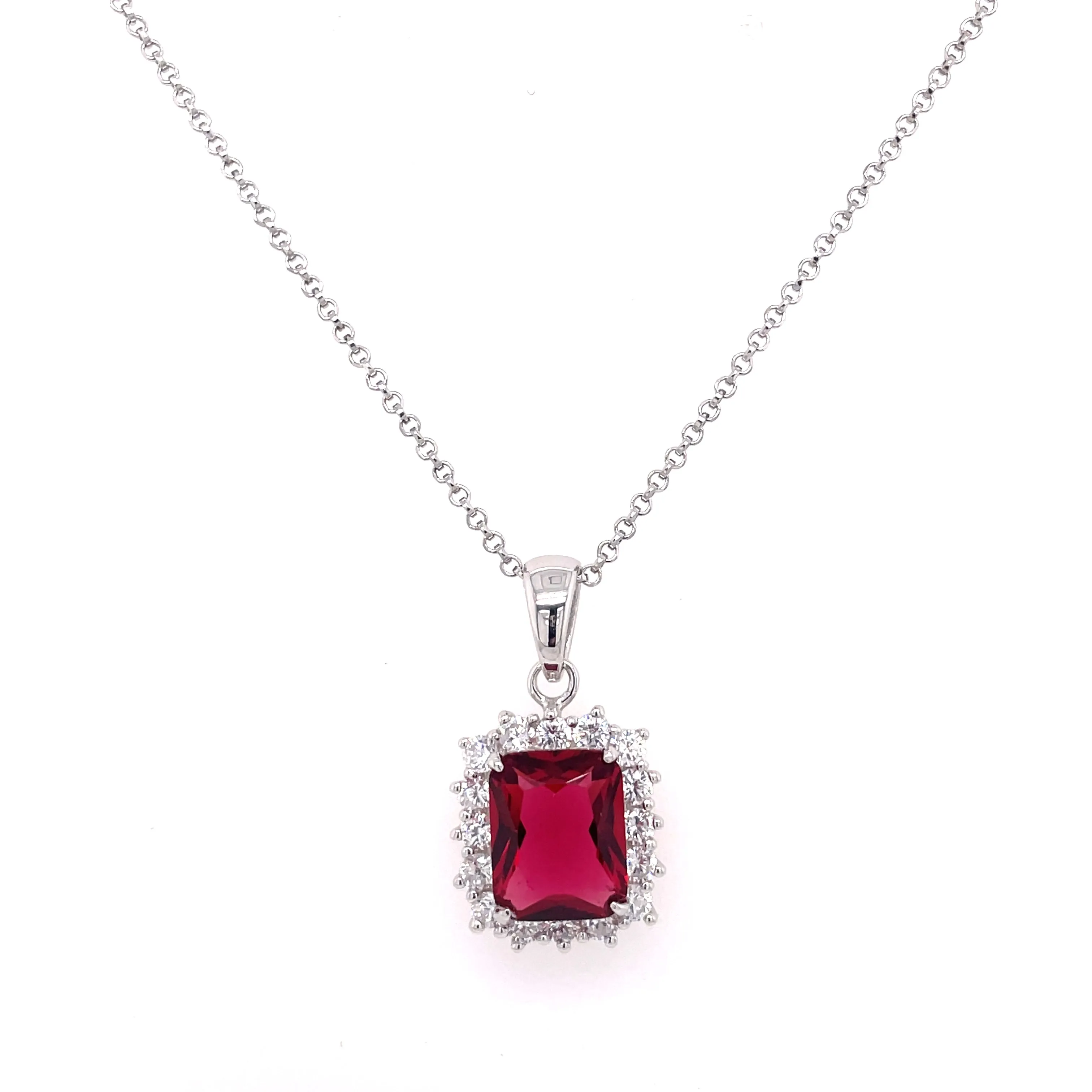 Sterling Silver Emerald Cut Ruby CZ & CZ Halo Necklace