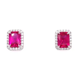 Sterling Silver Emerald Cut Ruby CZ Earrings