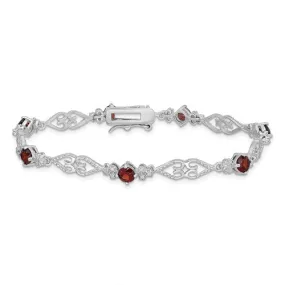 Sterling Silver Genuine Garnet and Diamond Filigree Hearts Bracelet