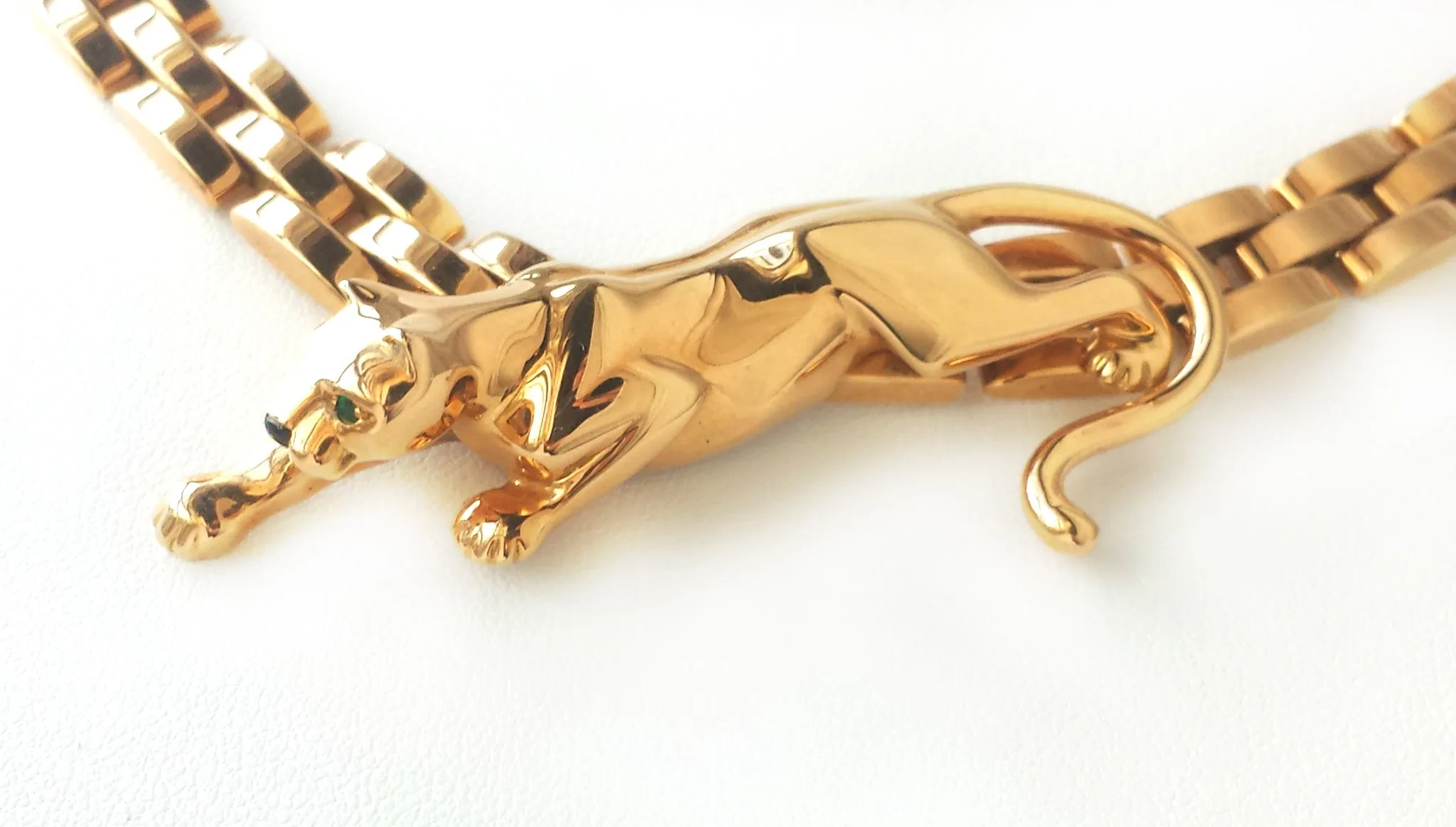 Vintage Cartier 18k Yellow Gold Maillon Panthere 3-Row Necklace with Emerald Eyes