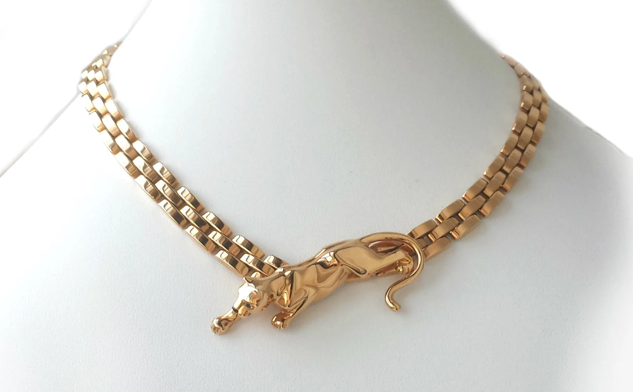 Vintage Cartier 18k Yellow Gold Maillon Panthere 3-Row Necklace with Emerald Eyes