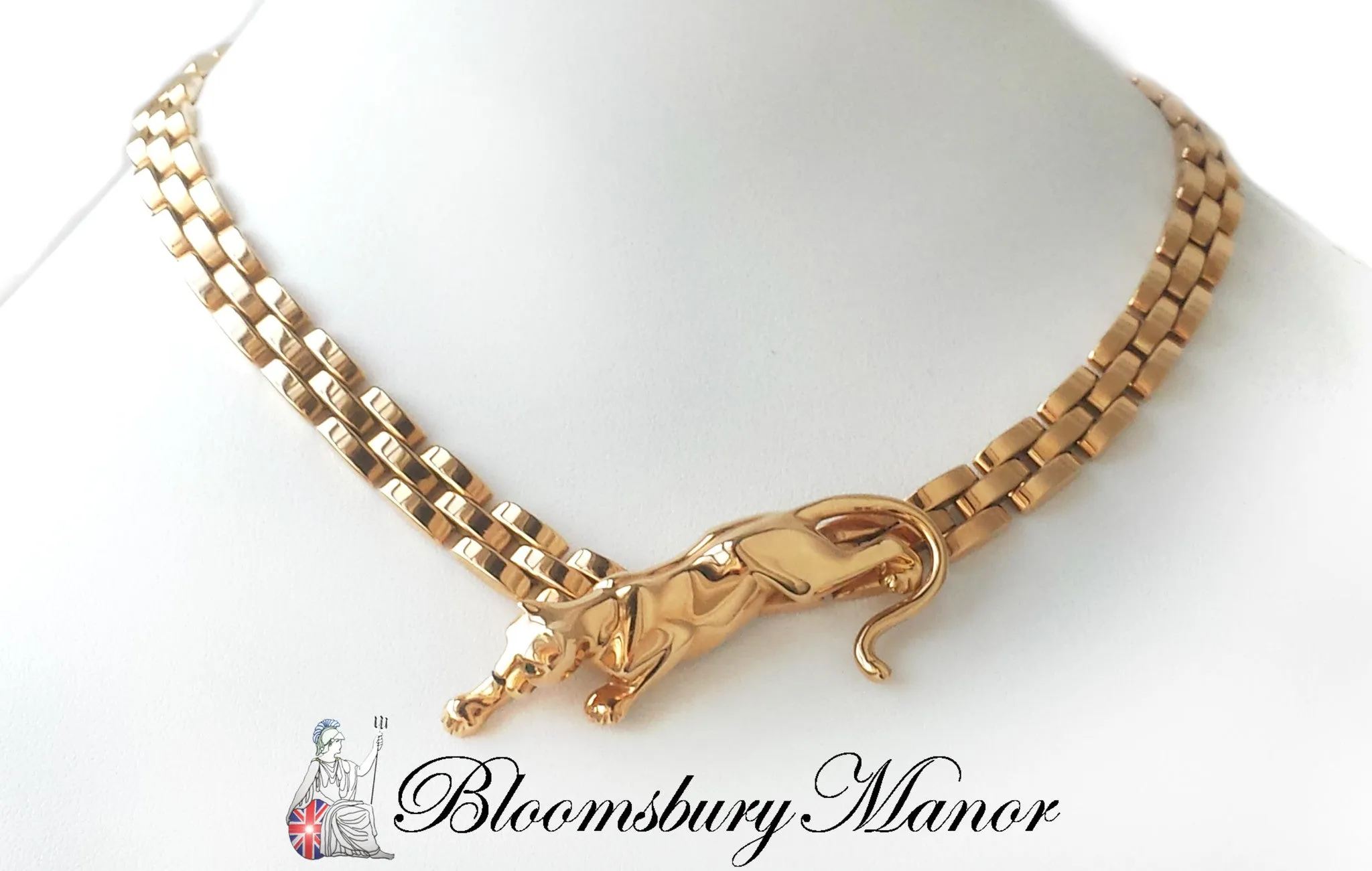 Vintage Cartier 18k Yellow Gold Maillon Panthere 3-Row Necklace with Emerald Eyes