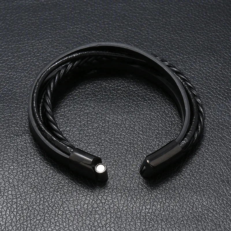 Vintage Cattle Leather Bracelet Multi-Layer Stainless Steel Woven Leather Bracelet Men Ornament