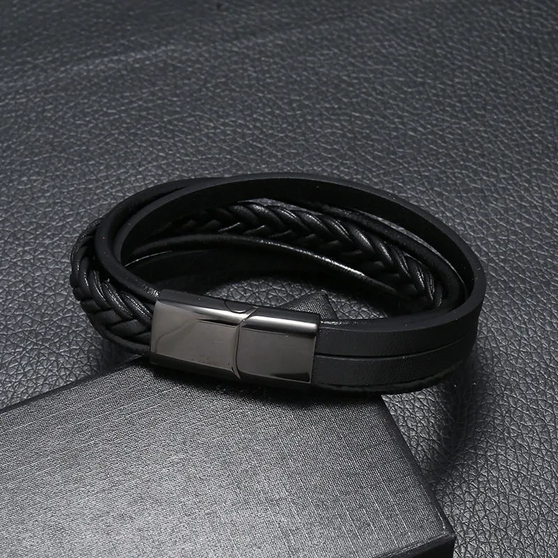 Vintage Cattle Leather Bracelet Multi-Layer Stainless Steel Woven Leather Bracelet Men Ornament