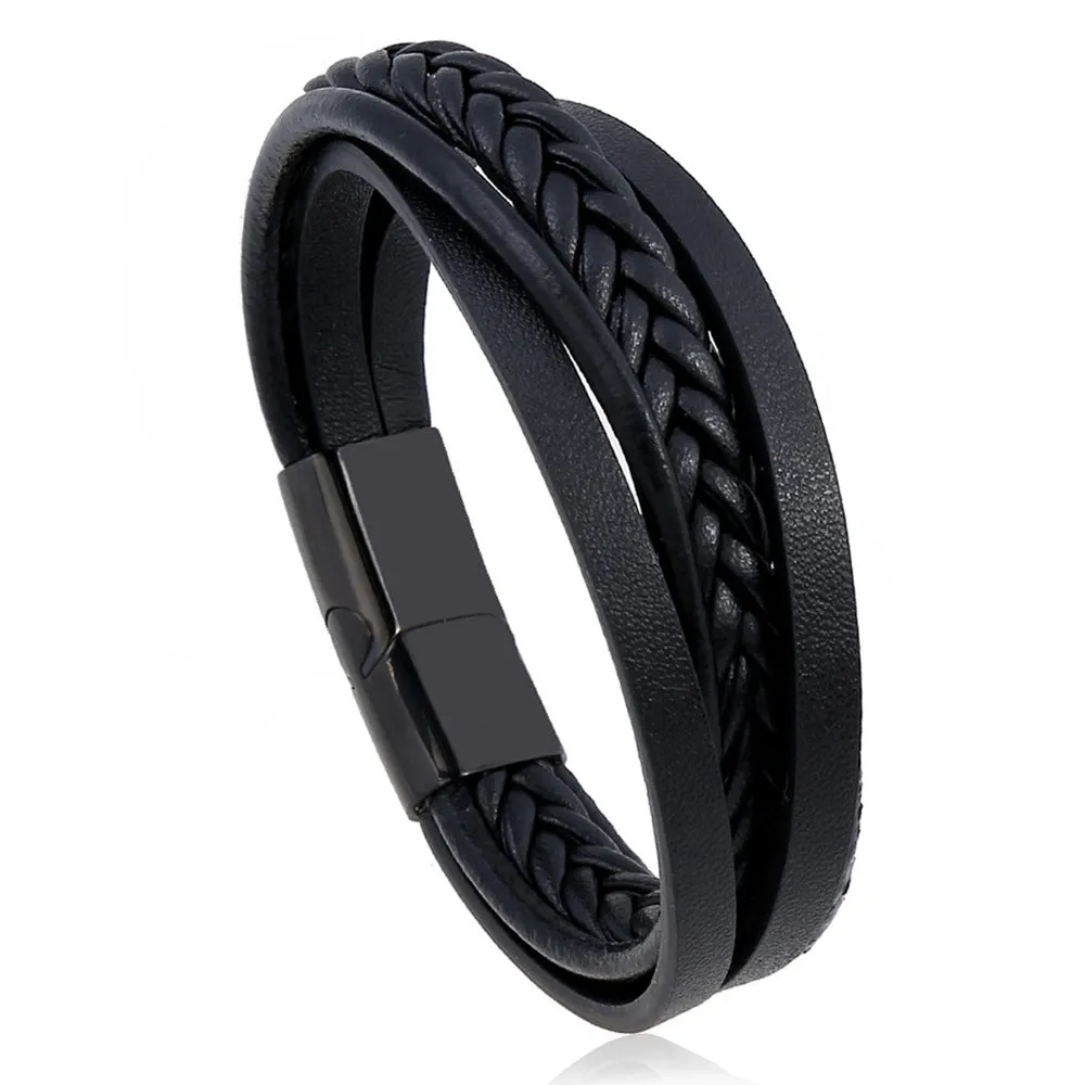 Vintage Cattle Leather Bracelet Multi-Layer Stainless Steel Woven Leather Bracelet Men Ornament