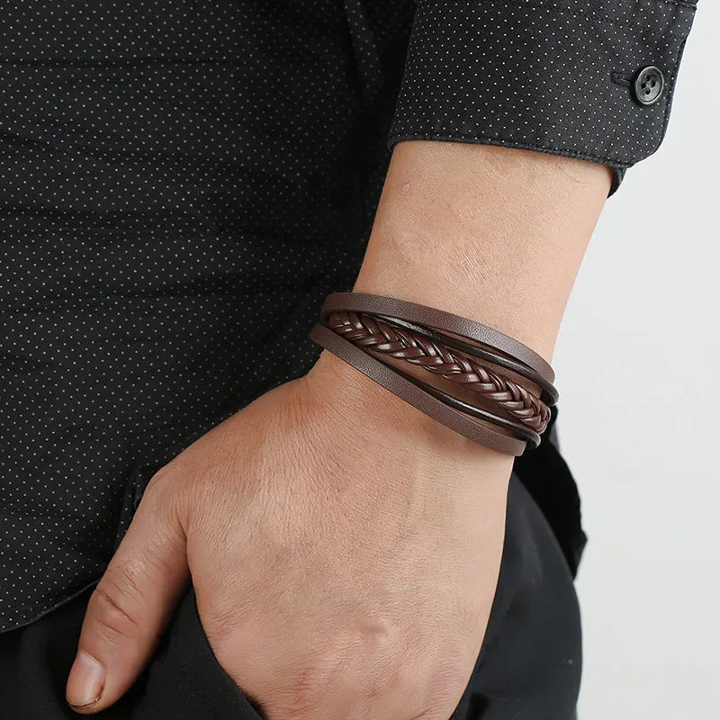 Vintage Cattle Leather Bracelet Multi-Layer Stainless Steel Woven Leather Bracelet Men Ornament