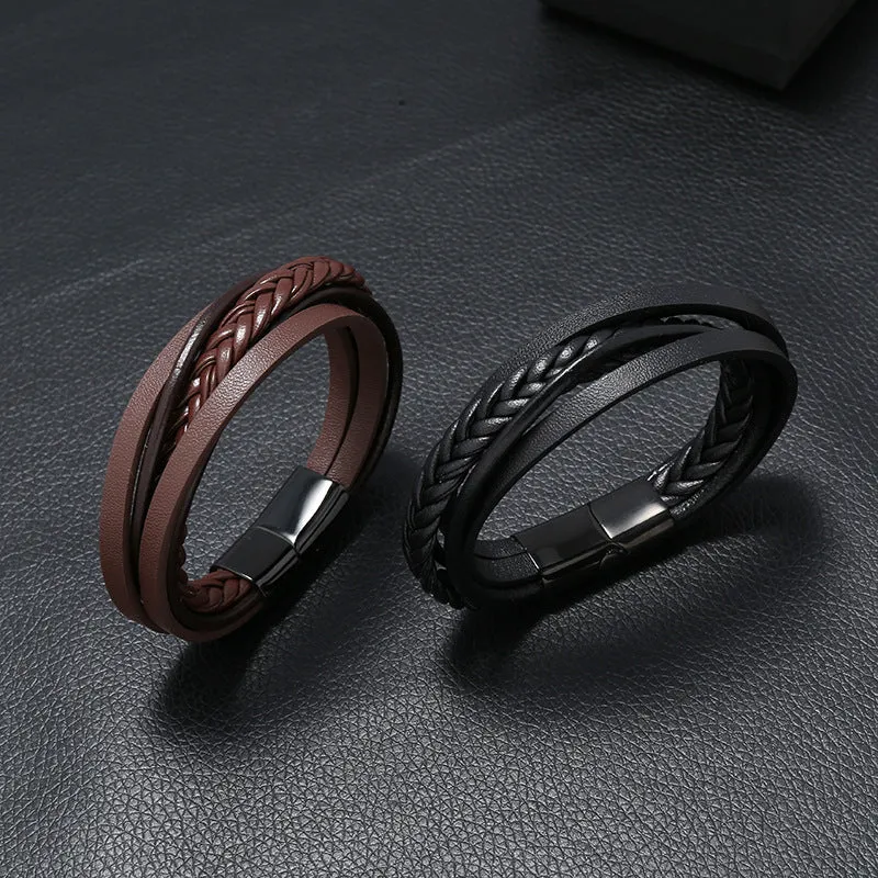 Vintage Cattle Leather Bracelet Multi-Layer Stainless Steel Woven Leather Bracelet Men Ornament