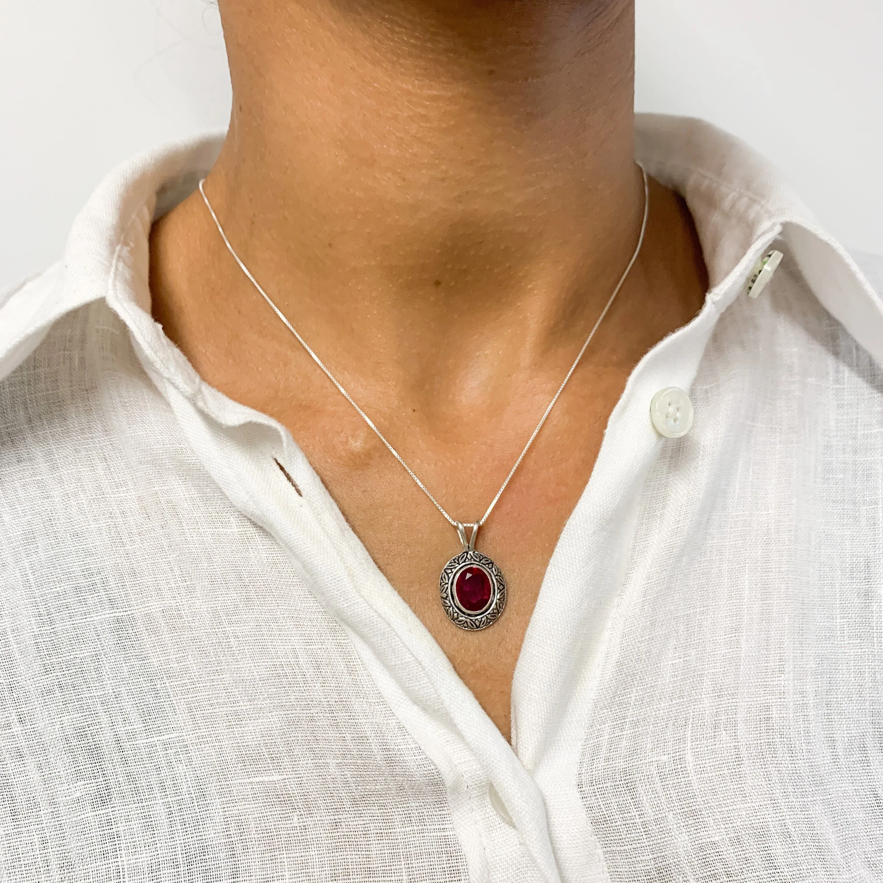Vintage Ruby Pendant - Red Oval Necklace - Tribal Boho Neckalce
