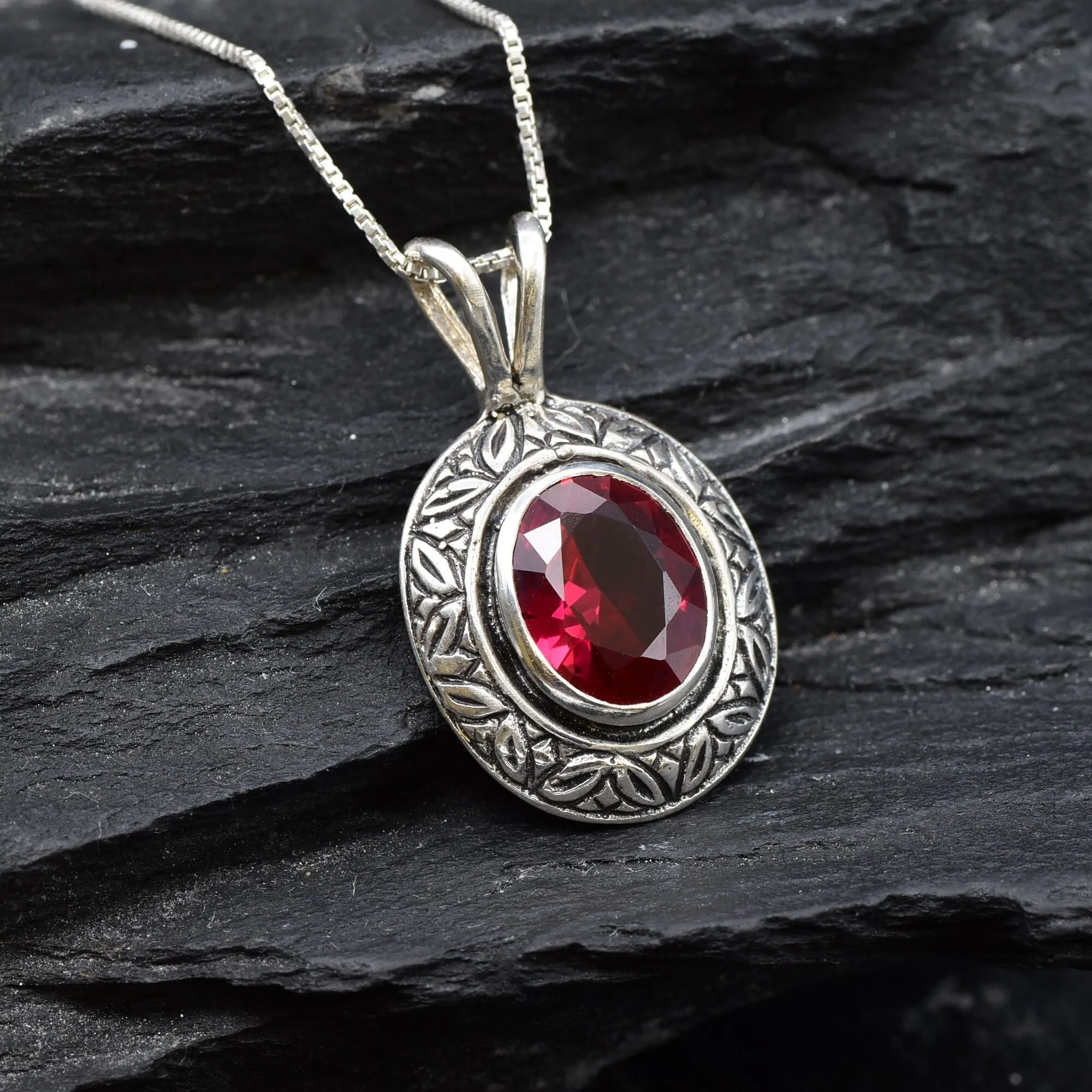 Vintage Ruby Pendant - Red Oval Necklace - Tribal Boho Neckalce