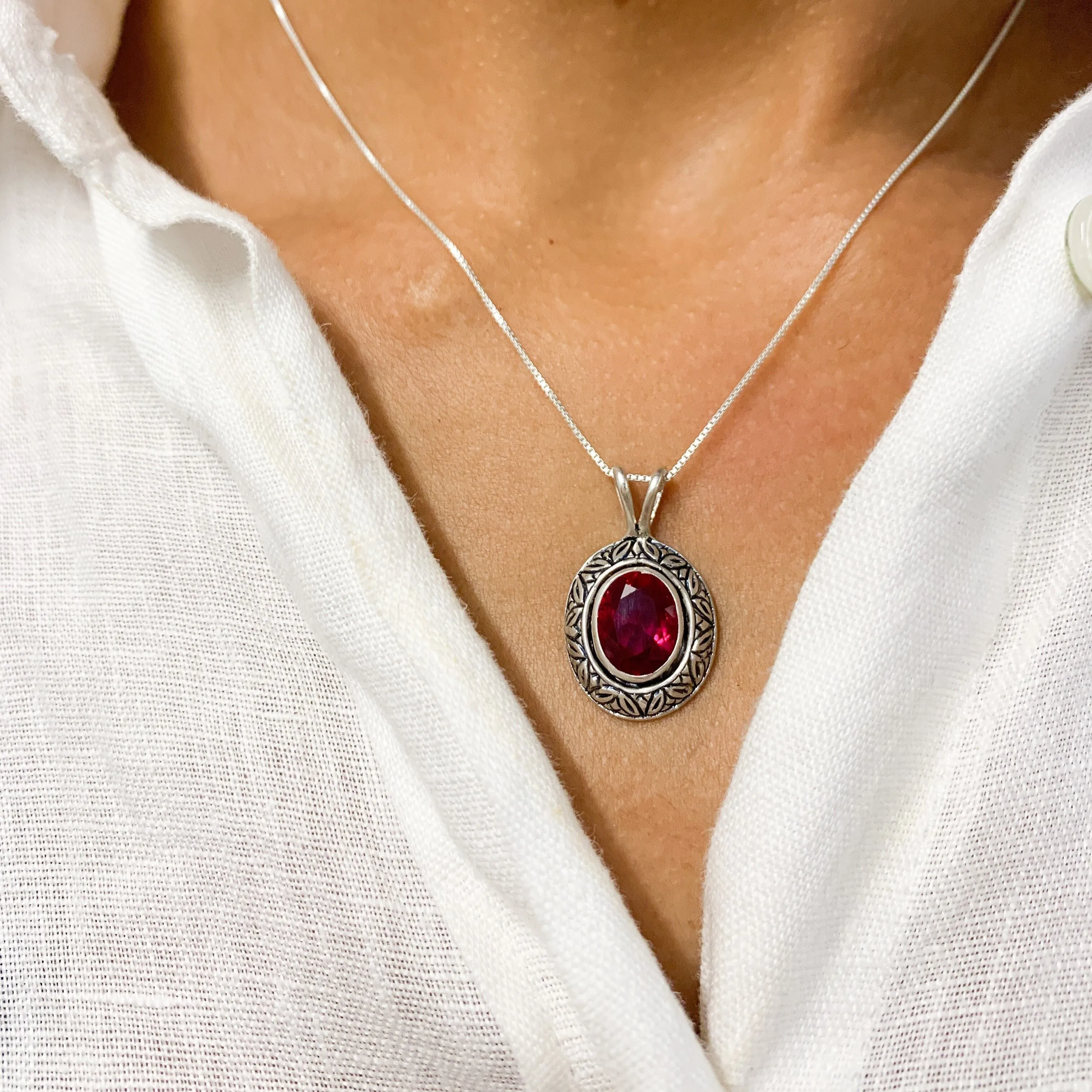 Vintage Ruby Pendant - Red Oval Necklace - Tribal Boho Neckalce