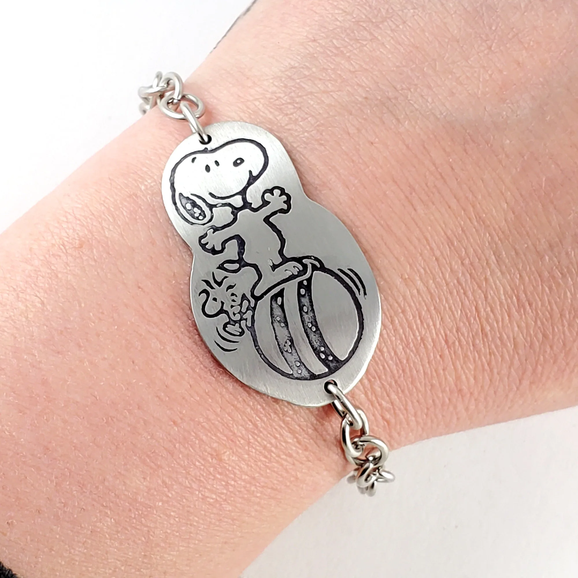 Vintage Snoopy & Woodstock Balancing on a Ball Stainless Steel Spoon Bracelet