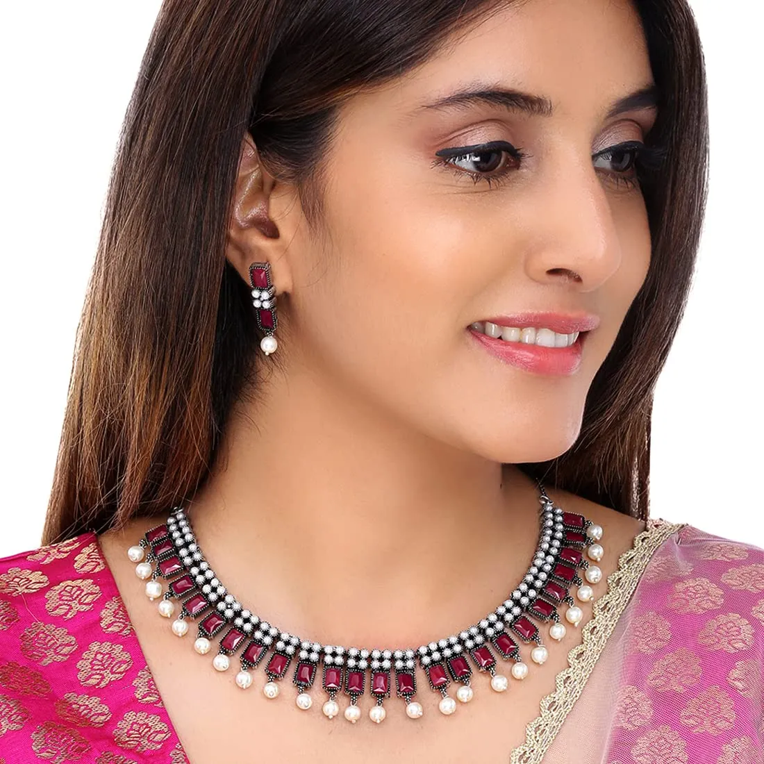 Yellow Chimes Jewellery Set for Women and Girls Traditional Silver Oxidised Jewellery Set Pink Choker Set | Studded Stone Choker Necklace Set for Women | Birthday Gift For Girls and Women Anniversary Gift for Wife