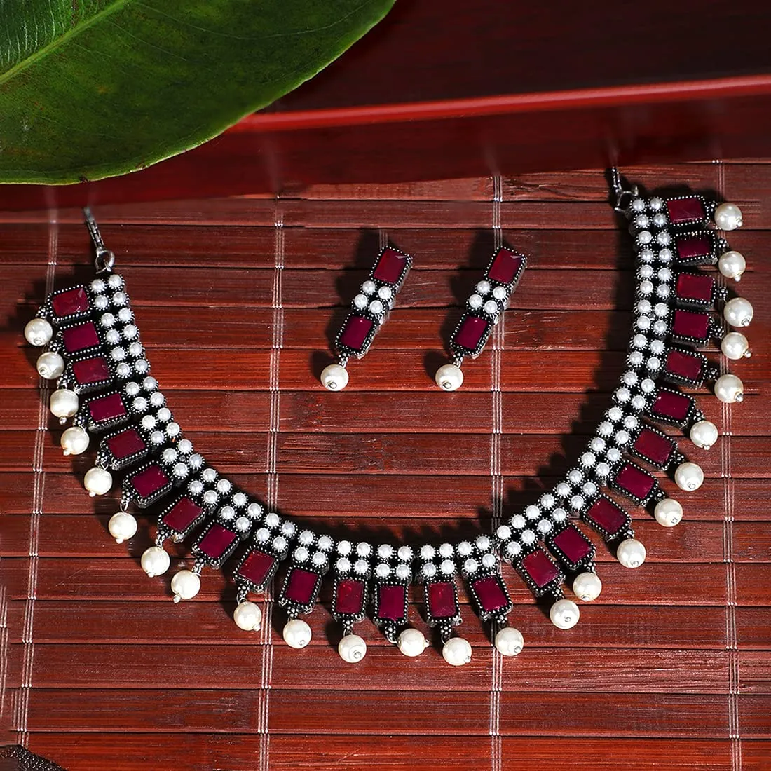 Yellow Chimes Jewellery Set for Women and Girls Traditional Silver Oxidised Jewellery Set Pink Choker Set | Studded Stone Choker Necklace Set for Women | Birthday Gift For Girls and Women Anniversary Gift for Wife