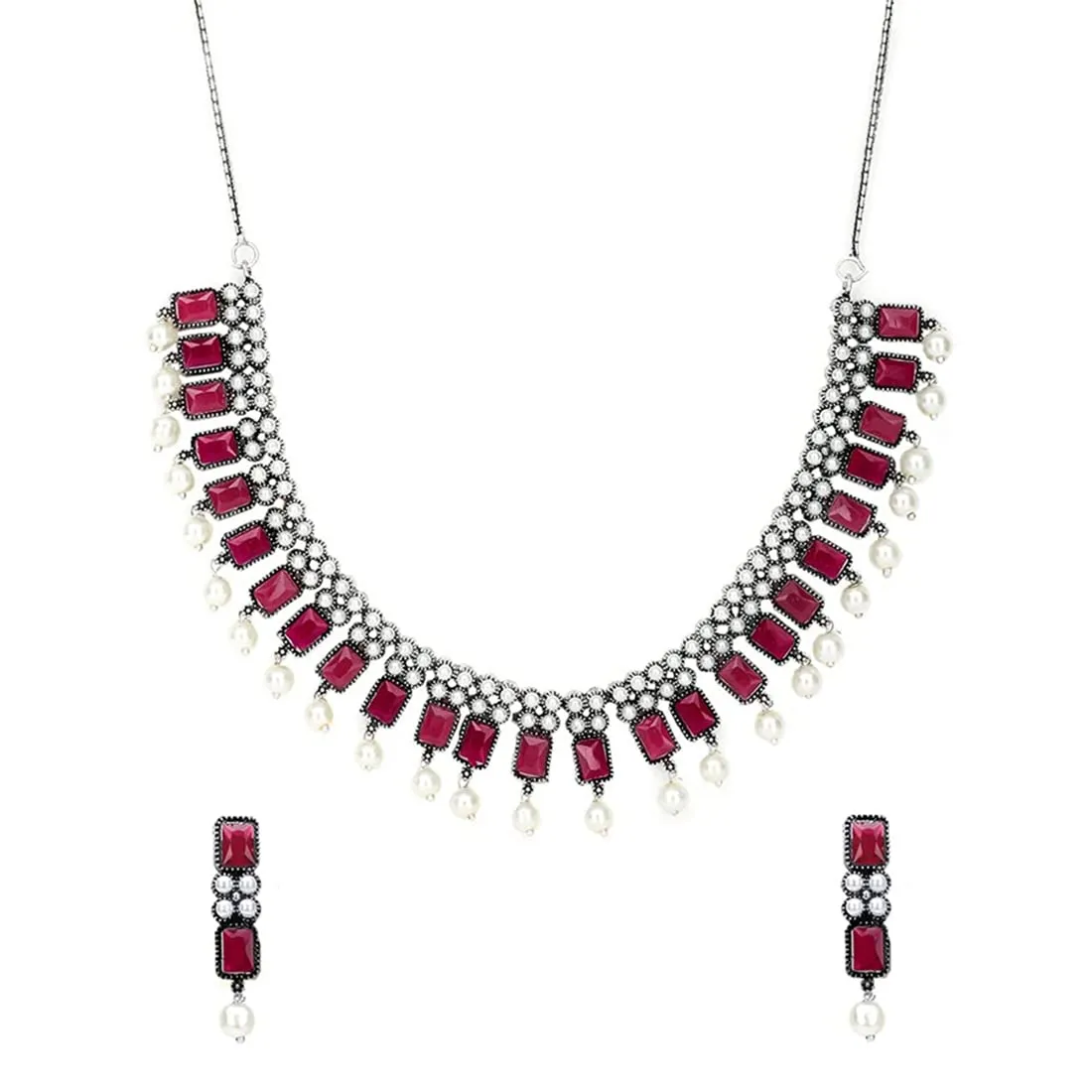 Yellow Chimes Jewellery Set for Women and Girls Traditional Silver Oxidised Jewellery Set Pink Choker Set | Studded Stone Choker Necklace Set for Women | Birthday Gift For Girls and Women Anniversary Gift for Wife