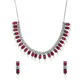 Yellow Chimes Jewellery Set for Women and Girls Traditional Silver Oxidised Jewellery Set Pink Choker Set | Studded Stone Choker Necklace Set for Women | Birthday Gift For Girls and Women Anniversary Gift for Wife